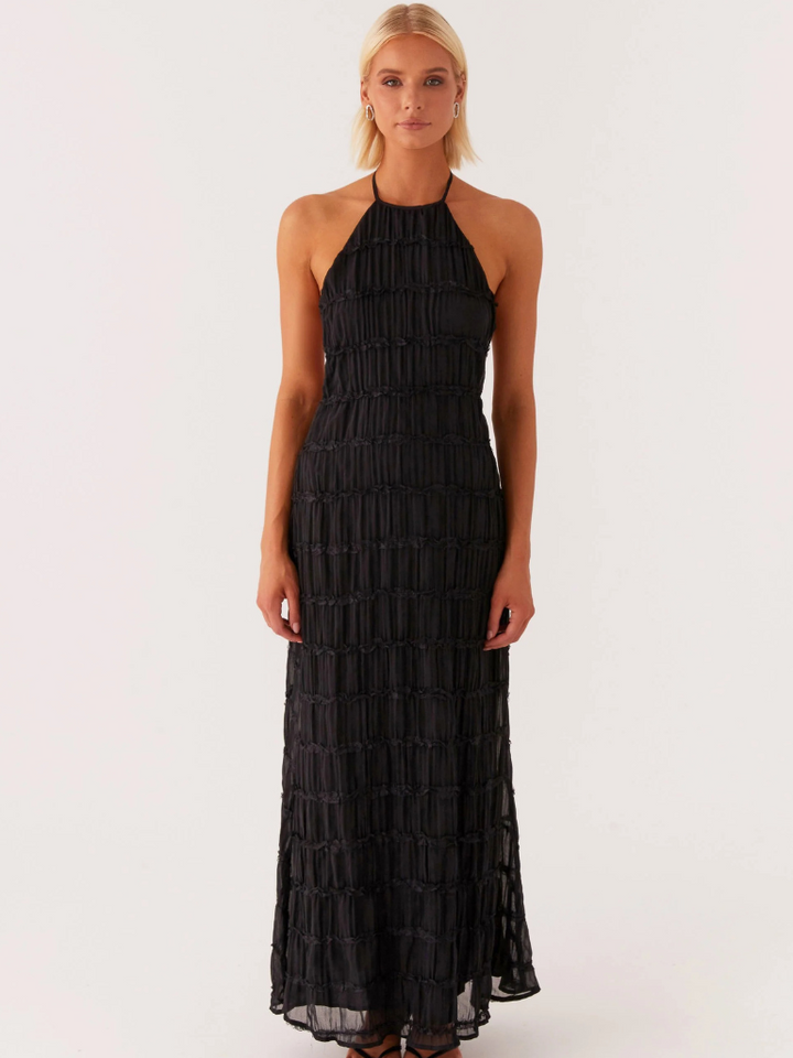 Robe Maxi Femme avec Liens au Cou, Dos Nu et Surface Texturée