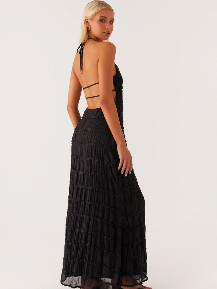Robe Maxi Femme avec Liens au Cou, Dos Nu et Surface Texturée
