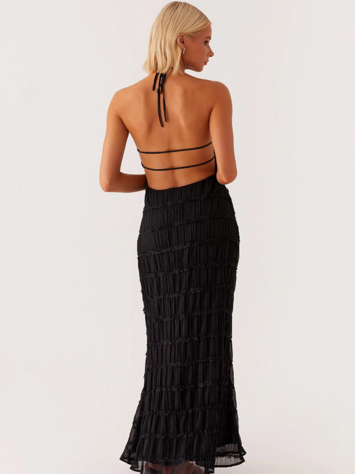 Robe Maxi Femme avec Liens au Cou, Dos Nu et Surface Texturée
