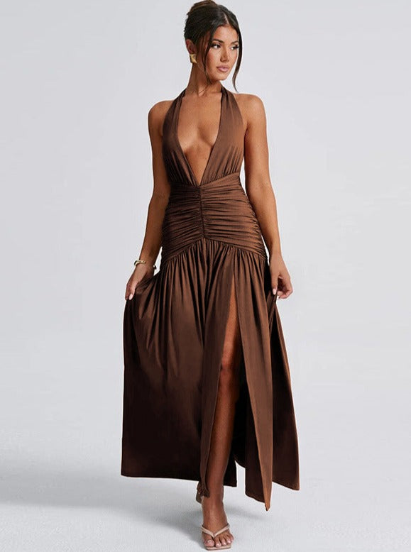 Robe maxi femme avec bretelles nu, décolleté en V profond, dos ouvert, fronces et fente latérale