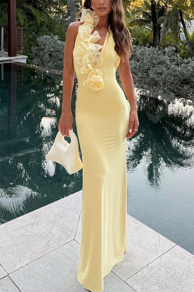 Robe maxi femme avec bretelles halter et appliqués floraux 3D