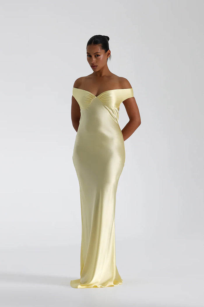 Robe Maxi Femme avec Décolleté Off-Shoulder en V et Longueur au Sol