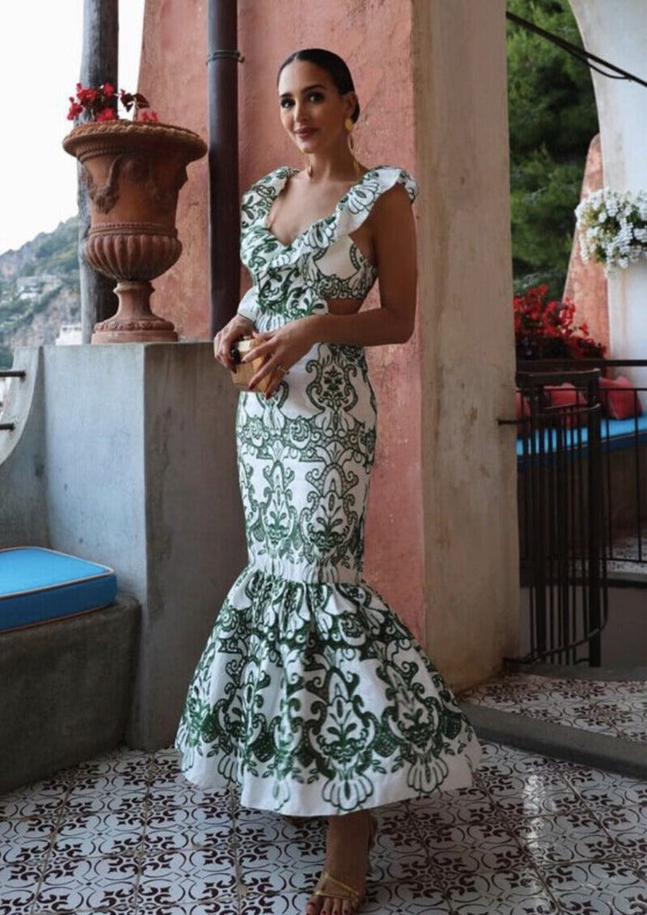 Robe maxi femme avec motif ornemental, décolleté en V, bretelles à volants et dos ouvert