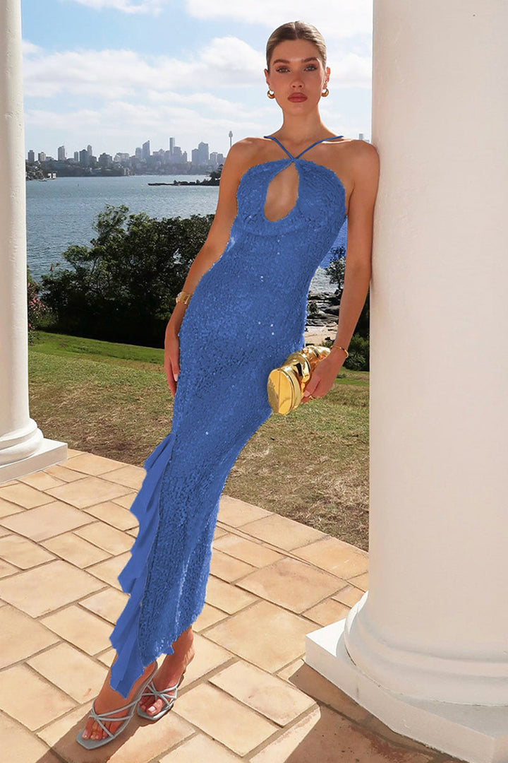 Robe maxi femme avec paillettes et bretelles croisées et ourlet asymétrique à volants