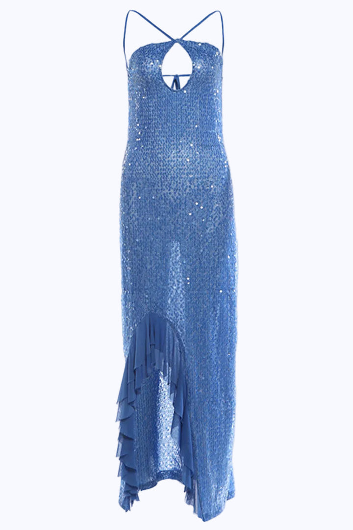 Robe maxi femme avec paillettes et bretelles croisées et ourlet asymétrique à volants