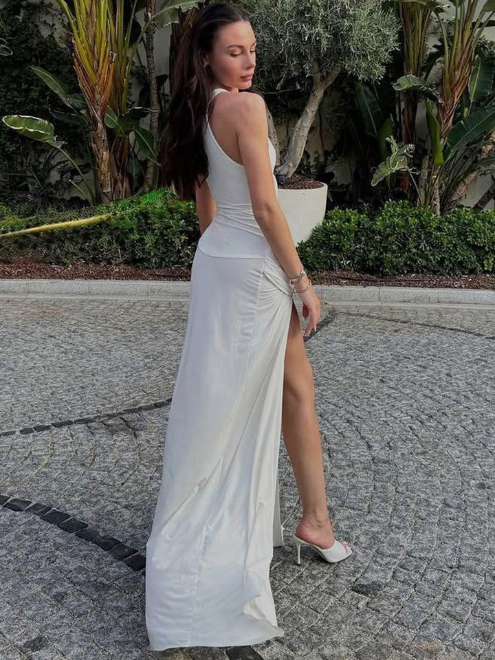 Robe maxi femme avec dos nageur, bretelles et fronces latérales avec fente avant