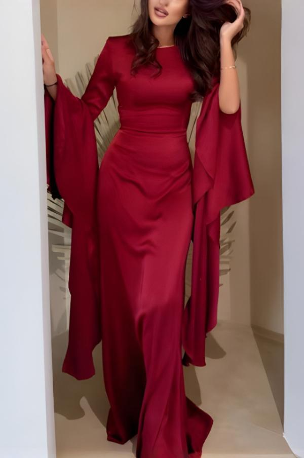 Robe maxi femme avec col rond et manches longues à volants