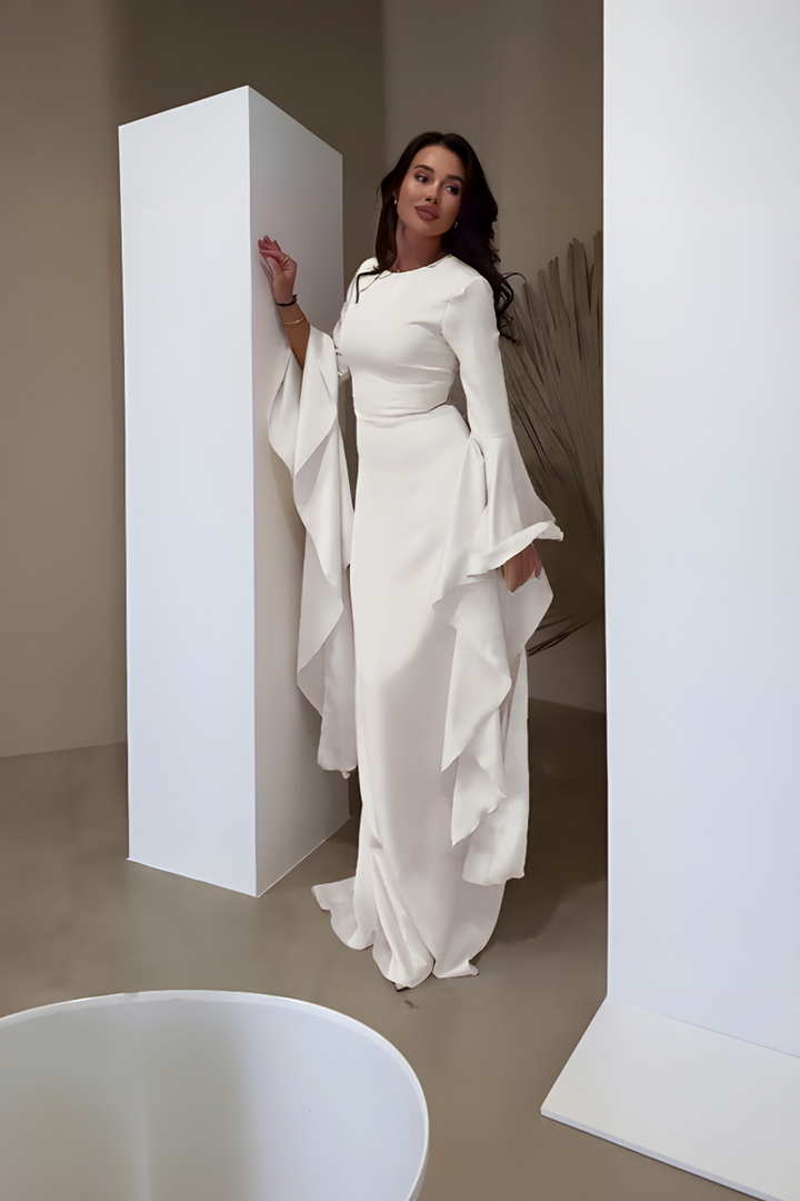 Robe maxi femme avec col rond et manches longues à volants