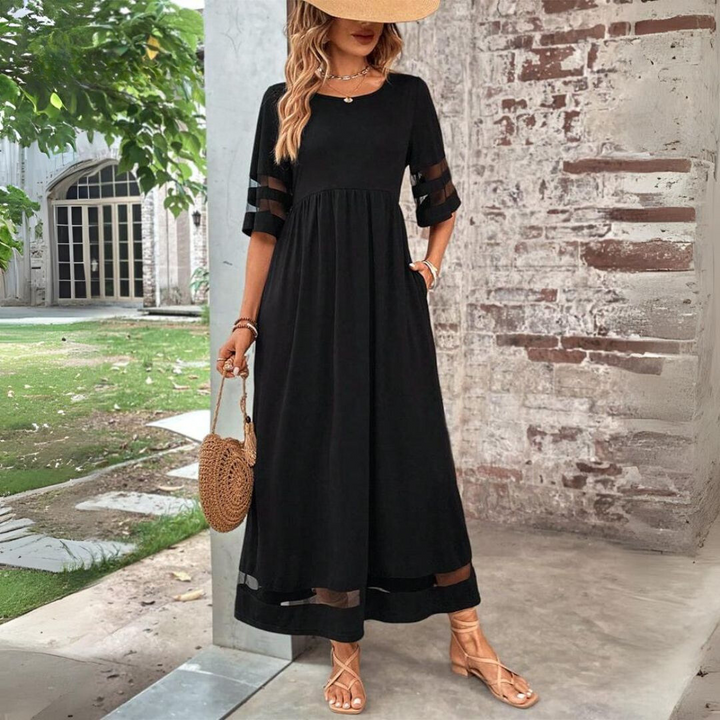 Robe maxi femme avec col rond et bandes en mesh