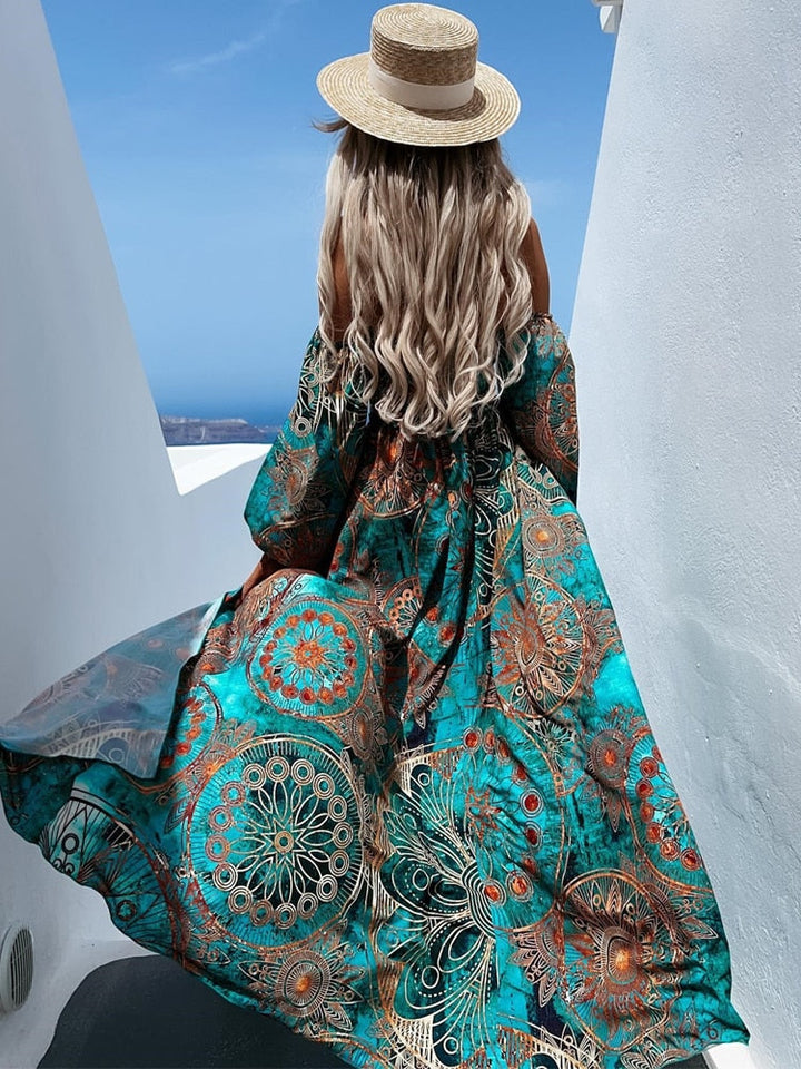 Robe maxi femme avec décolleté bardot et manches longues