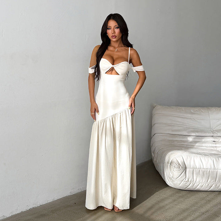 Robe maxi femme avec manches épaules dénudées et partie bustier nouée avec ouverture