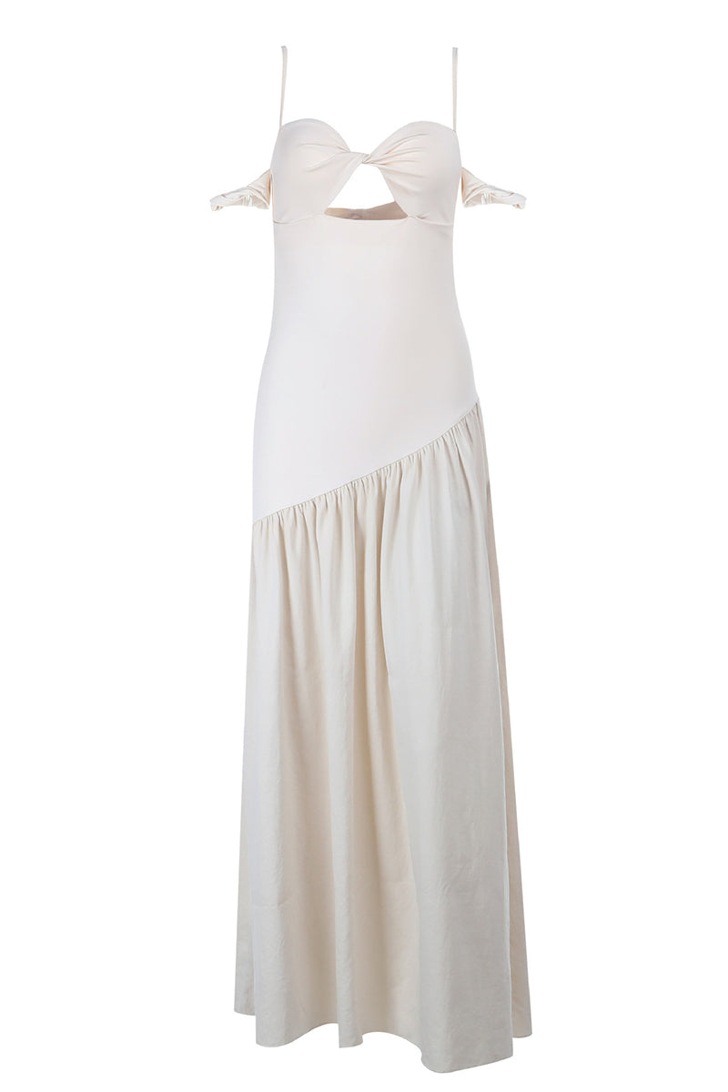 Robe maxi femme avec manches épaules dénudées et partie bustier nouée avec ouverture