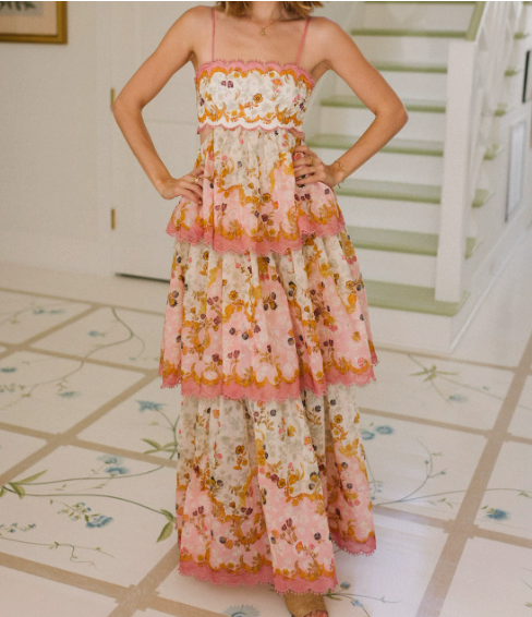 Robe maxi femme avec bretelles spaghetti, lacet au dos et jupe à volants à motif floral