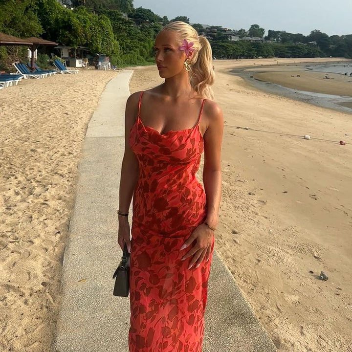 Robe maxi femme avec bretelles spaghetti et motif floral