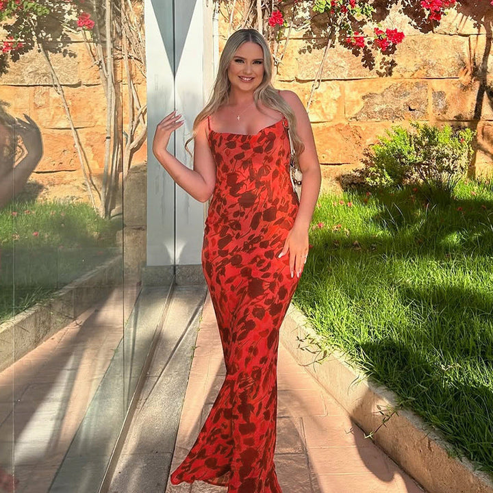 Robe maxi femme avec bretelles spaghetti et motif floral
