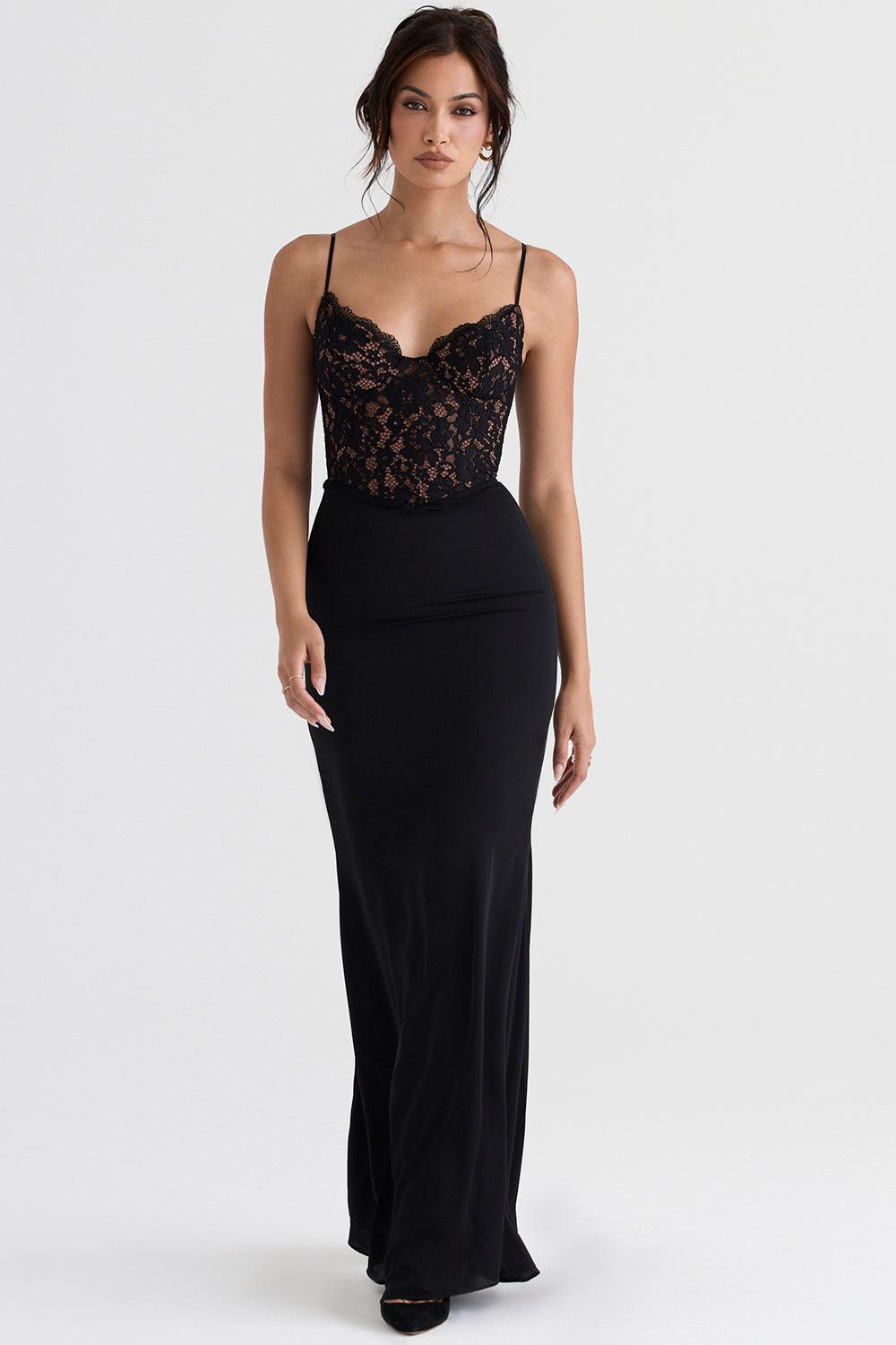 Robe maxi femme avec bretelles spaghetti et haut en dentelle semi-transparent avec décolleté en cœur