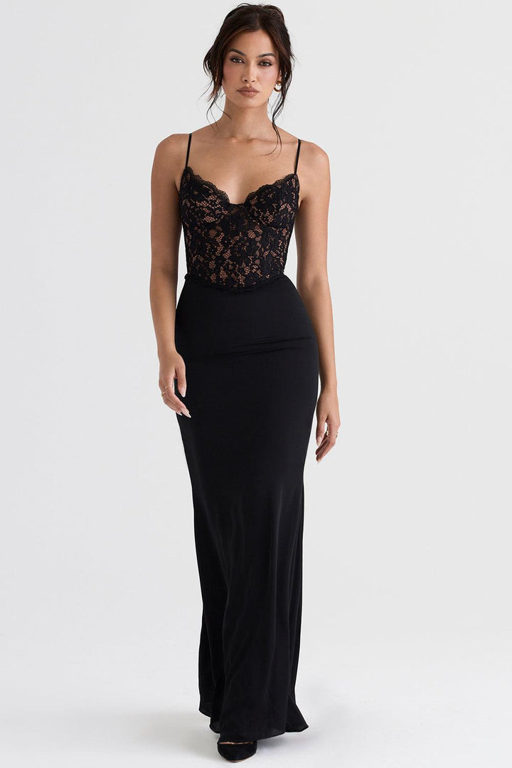 Robe maxi femme avec bretelles spaghetti et haut en dentelle semi-transparent avec décolleté en cœur