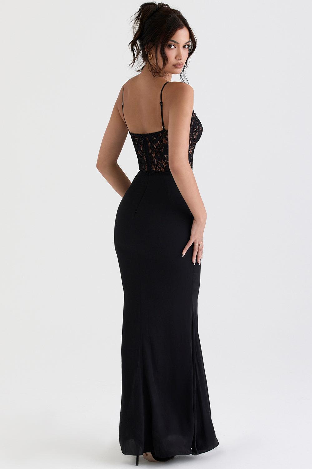 Robe maxi femme avec bretelles spaghetti et haut en dentelle semi-transparent avec décolleté en cœur