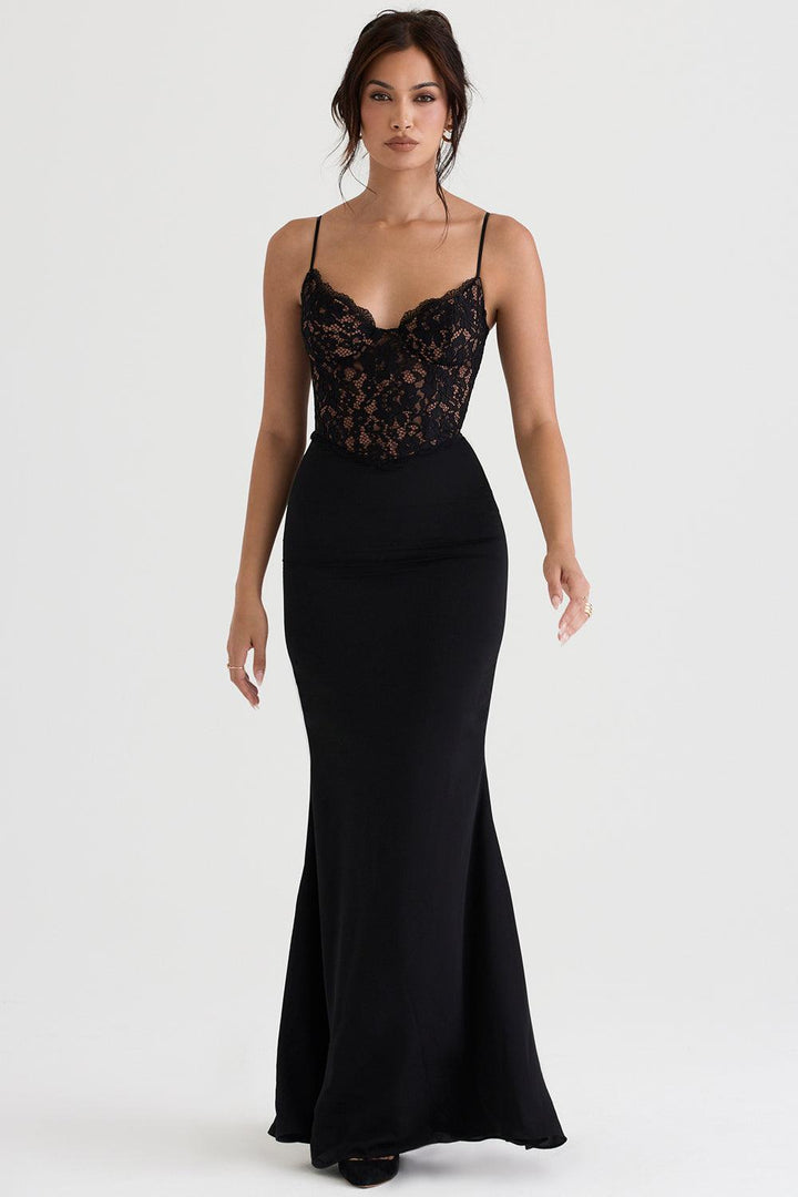 Robe maxi femme avec bretelles spaghetti et haut en dentelle semi-transparent avec décolleté en cœur