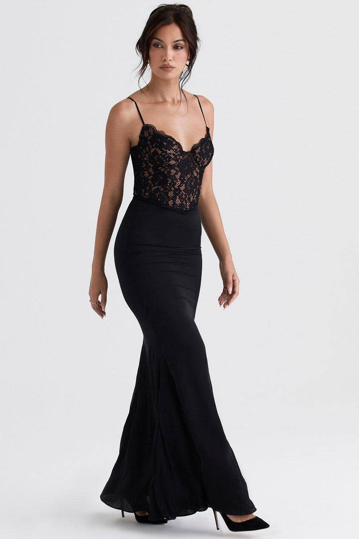 Robe maxi femme avec bretelles spaghetti et haut en dentelle semi-transparent avec décolleté en cœur