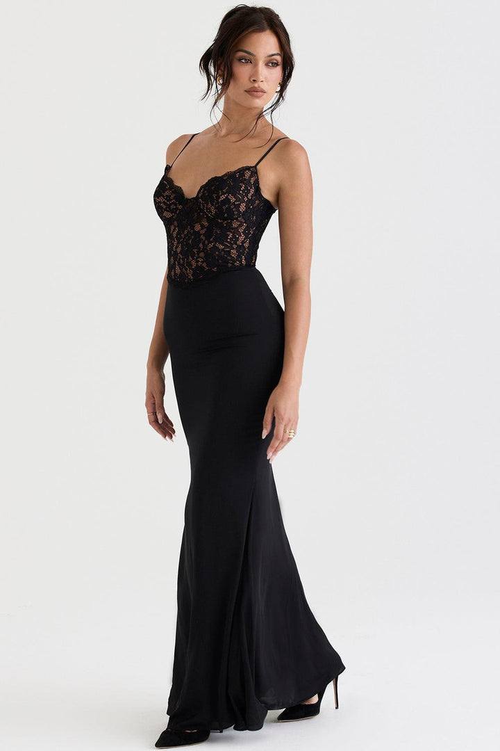 Robe maxi femme avec bretelles spaghetti et haut en dentelle semi-transparent avec décolleté en cœur