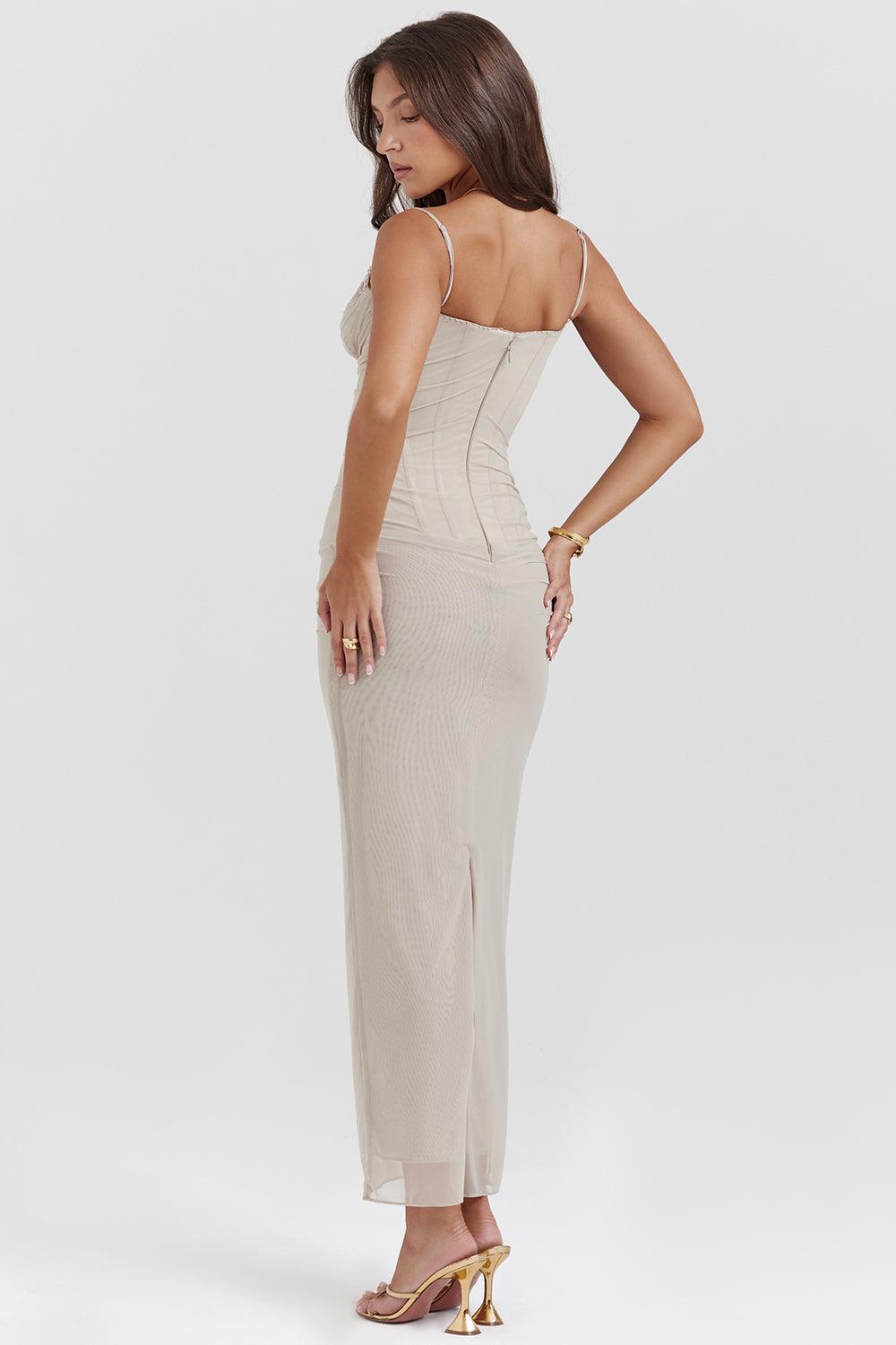 Robe maxi femme avec bretelles spaghetti et dentelle, avec un haut froncé
