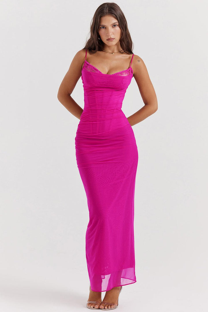 Robe maxi femme avec bretelles spaghetti et dentelle, avec un haut froncé