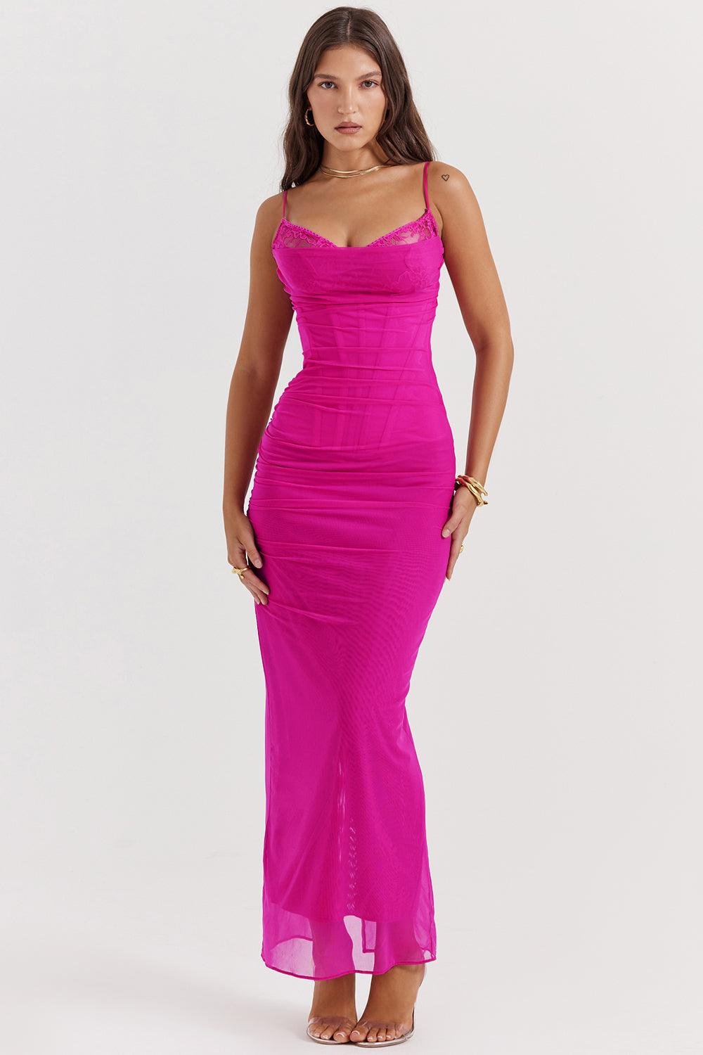 Robe maxi femme avec bretelles spaghetti et dentelle, avec un haut froncé