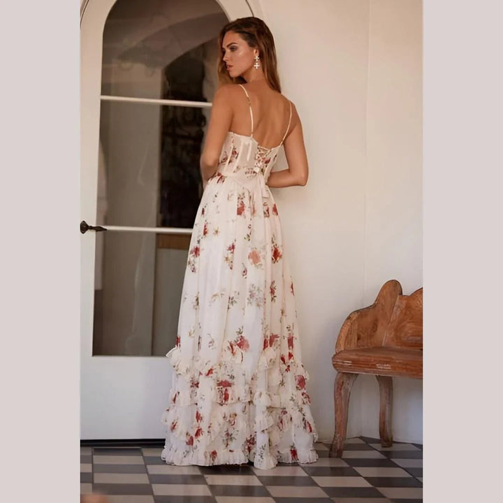 Robe maxi femme avec bretelles spaghetti et décolleté en V, motif floral et fente sur la jambe