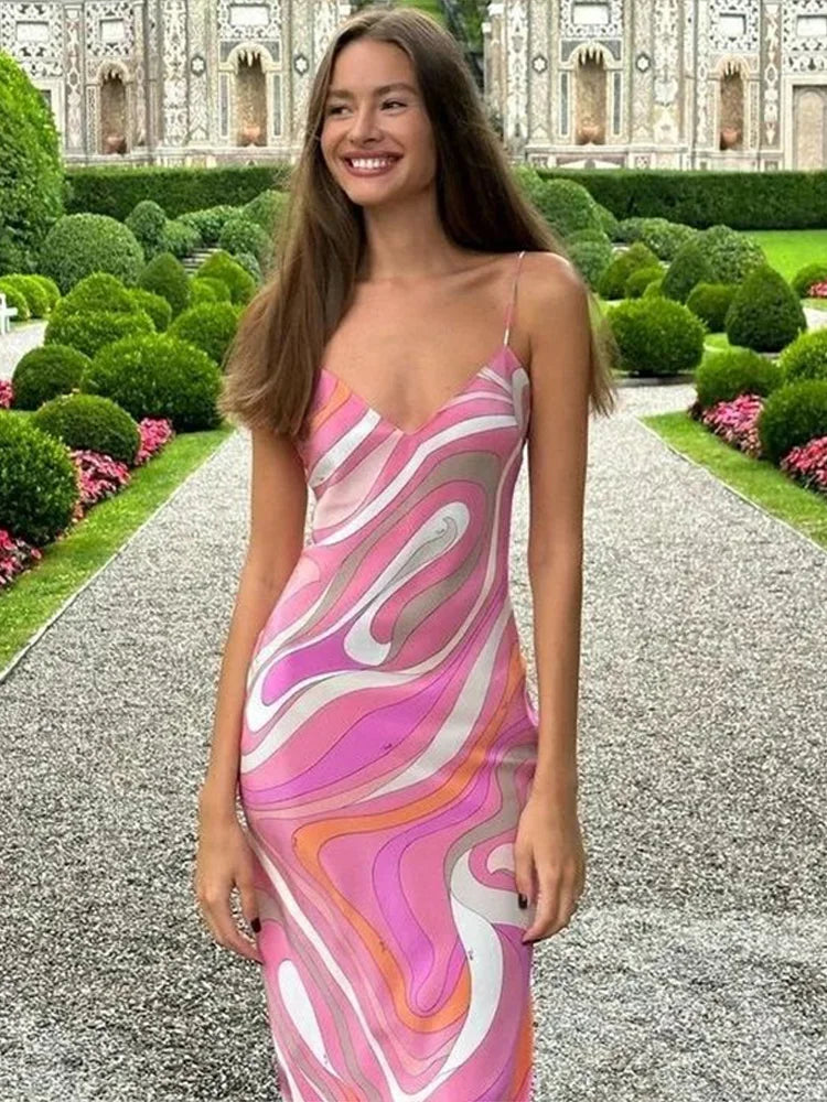 Robe maxi femme avec bretelles spaghetti et col en V avec motif