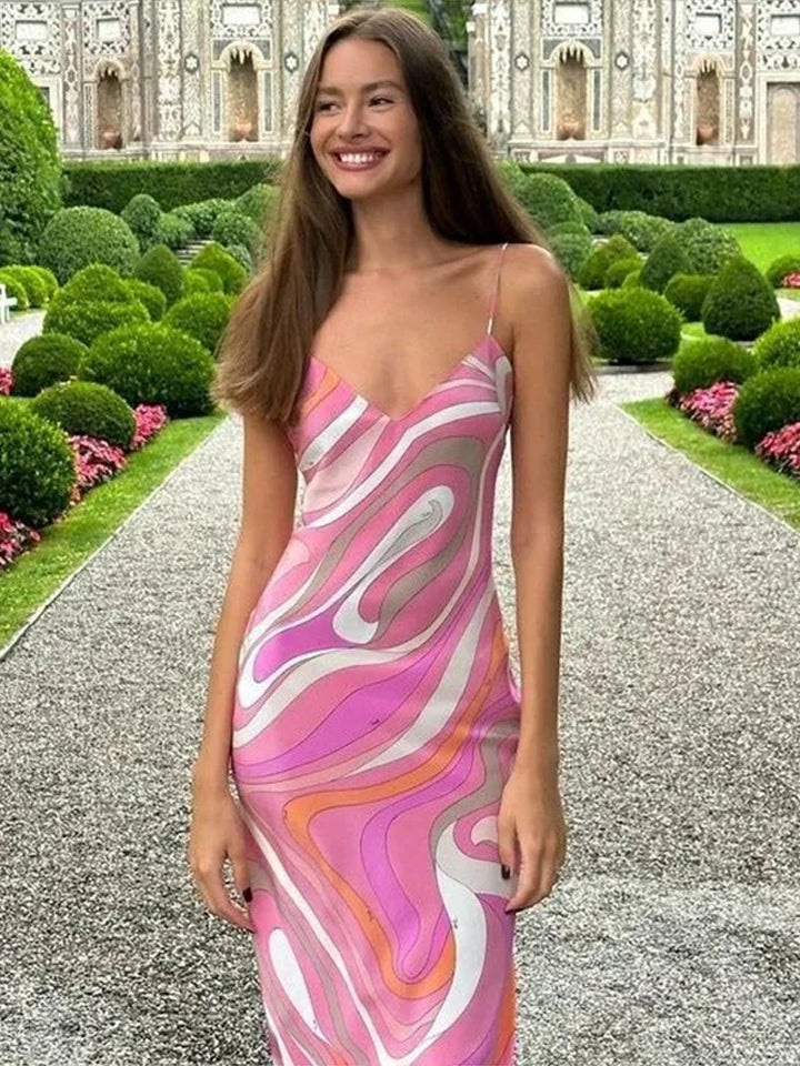 Robe maxi femme avec bretelles spaghetti et col en V avec motif