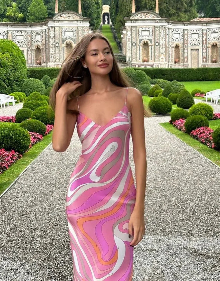Robe maxi femme avec bretelles spaghetti et col en V avec motif