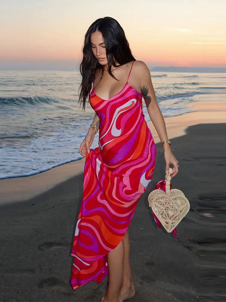Robe maxi femme avec bretelles spaghetti et col en V avec motif