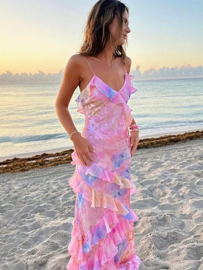 Robe maxi femme avec bretelles spaghetti, décolleté en V, volants et dos ouvert avec motif floral