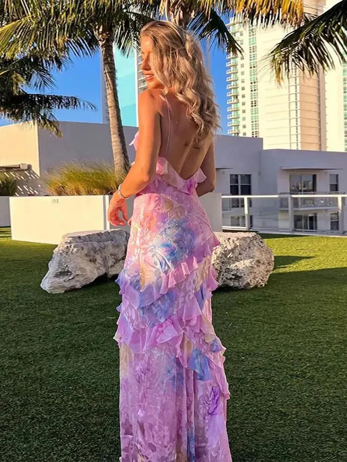Robe maxi femme avec bretelles spaghetti, décolleté en V, volants et dos ouvert avec motif floral