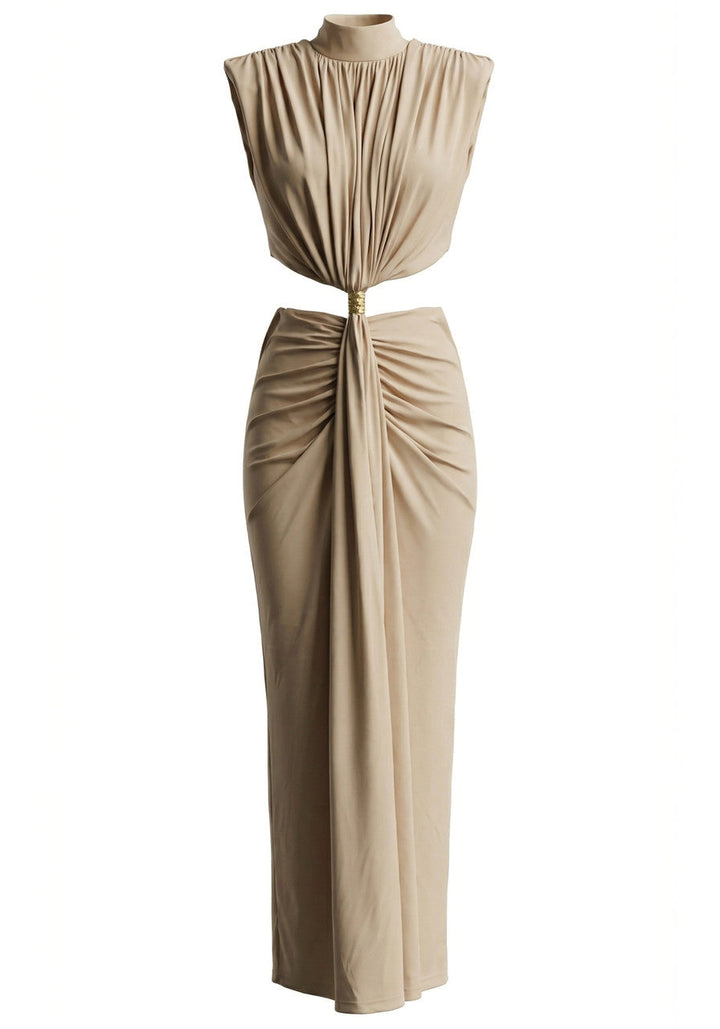 Robe maxi femme avec col montant, épaulettes et ouvertures latérales à la taille
