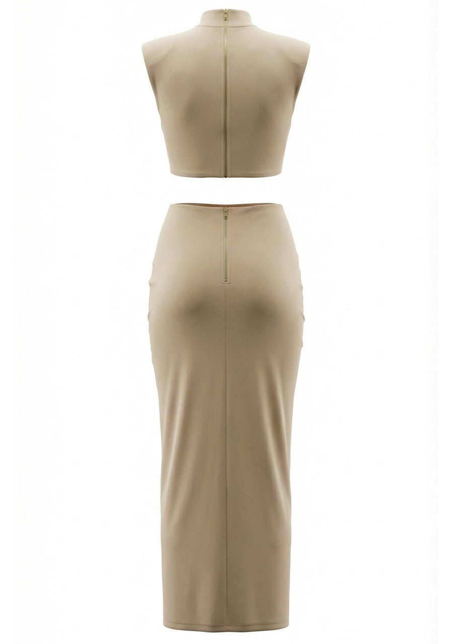 Robe maxi femme avec col montant, épaulettes et ouvertures latérales à la taille