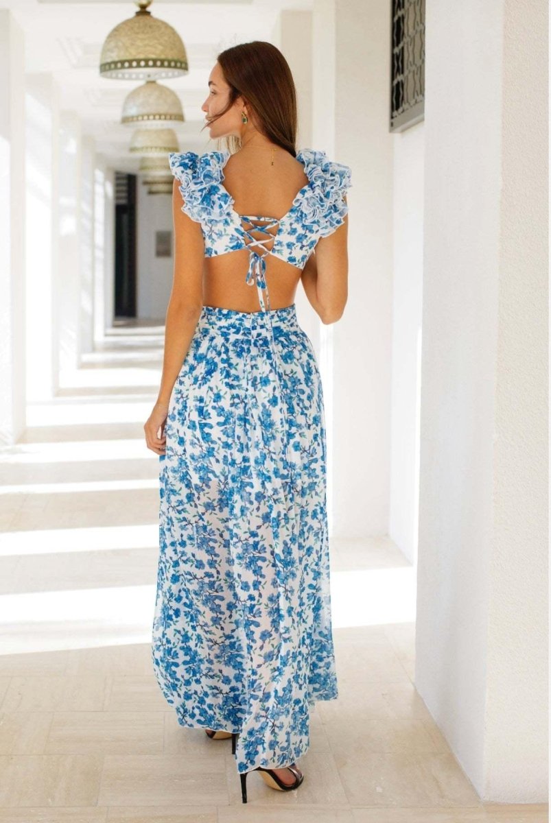 Robe maxi femme avec décolleté en V profond et manches à volants avec découpes latérales et motif floral