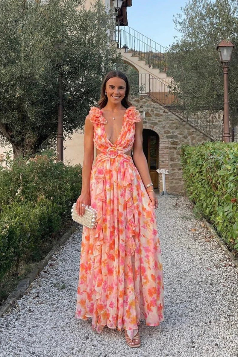 Robe maxi femme avec décolleté en V profond et manches à volants avec découpes latérales et motif floral