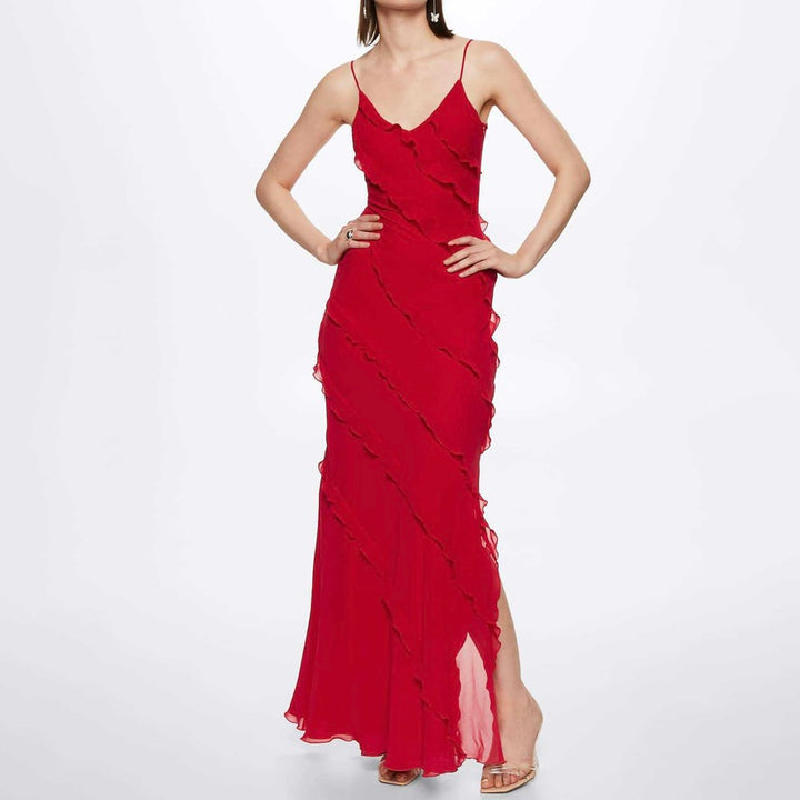 Robe maxi pour femmes avec décolleté en V, bretelles fines et détails de volants diagonaux