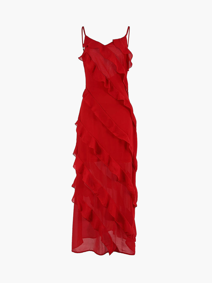 Robe maxi pour femmes avec décolleté en V, bretelles fines et détails de volants diagonaux