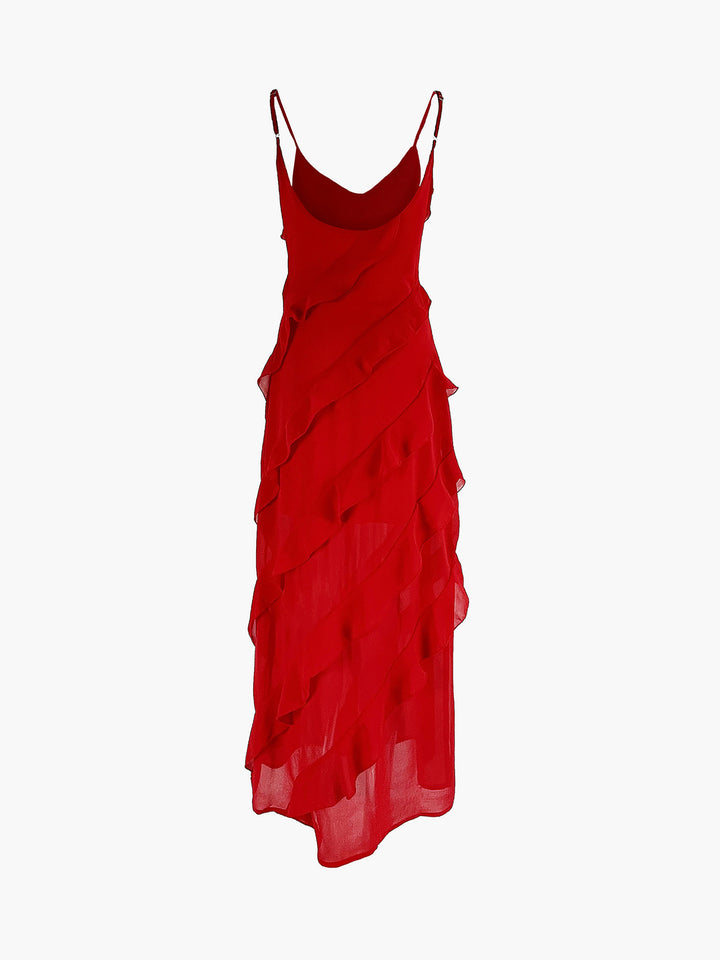 Robe maxi pour femmes avec décolleté en V, bretelles fines et détails de volants diagonaux