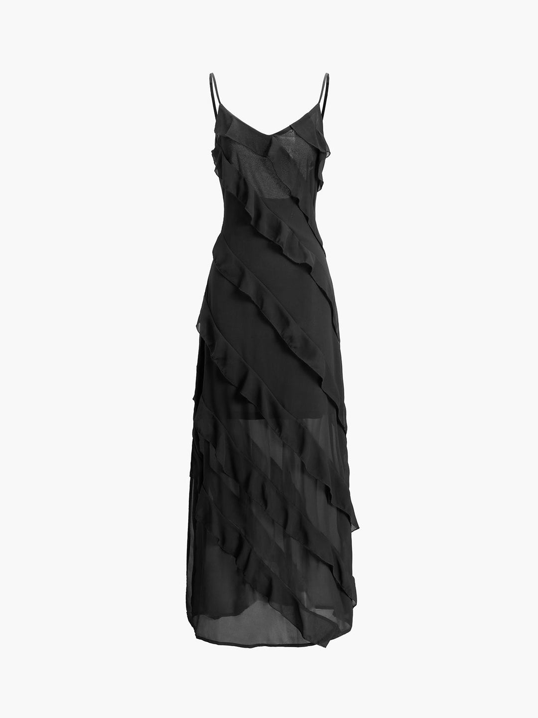 Robe maxi pour femmes avec décolleté en V, bretelles fines et détails de volants diagonaux