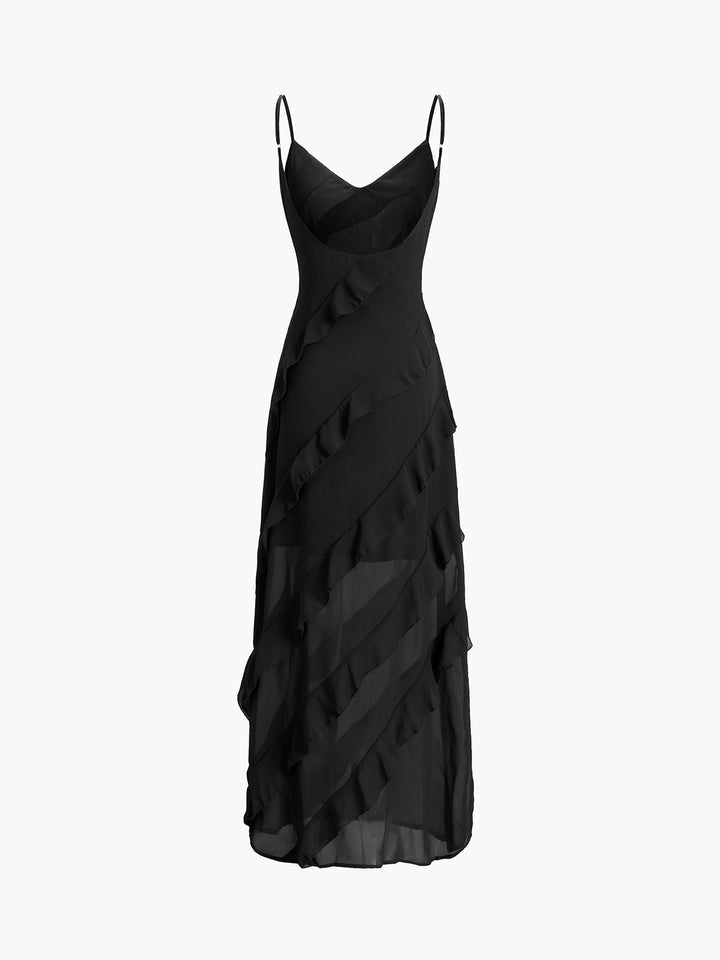 Robe maxi pour femmes avec décolleté en V, bretelles fines et détails de volants diagonaux