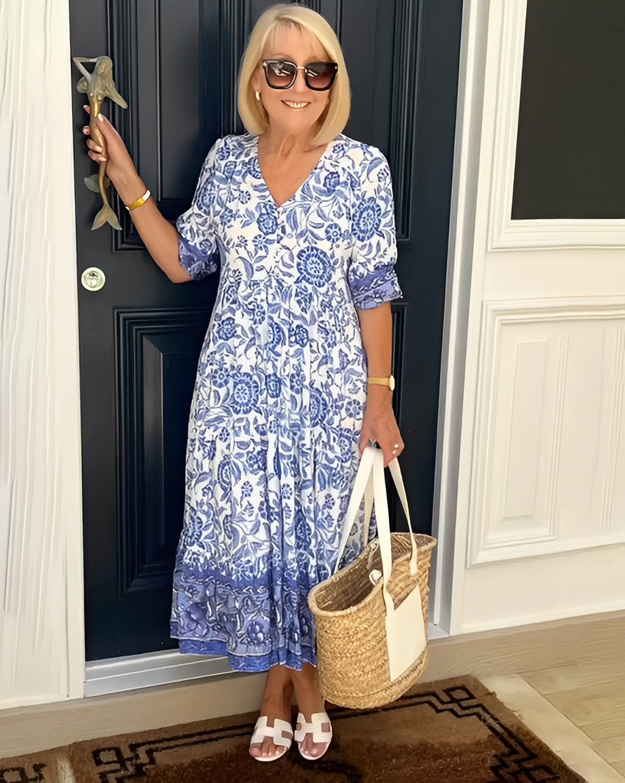 Robe maxi femme avec décolleté en V, patte de boutonnage et motif floral