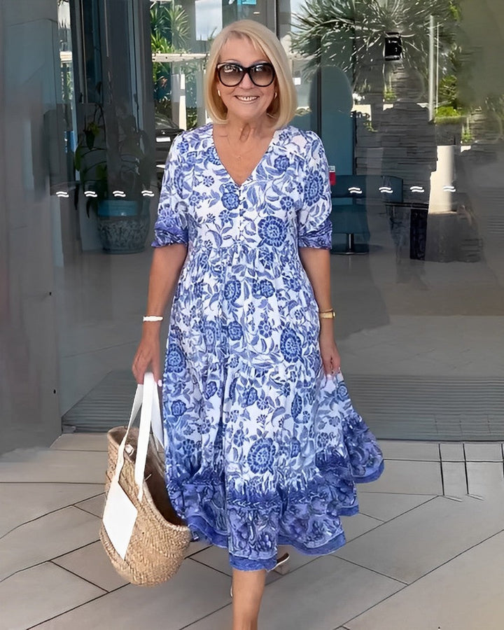 Robe maxi femme avec décolleté en V, patte de boutonnage et motif floral