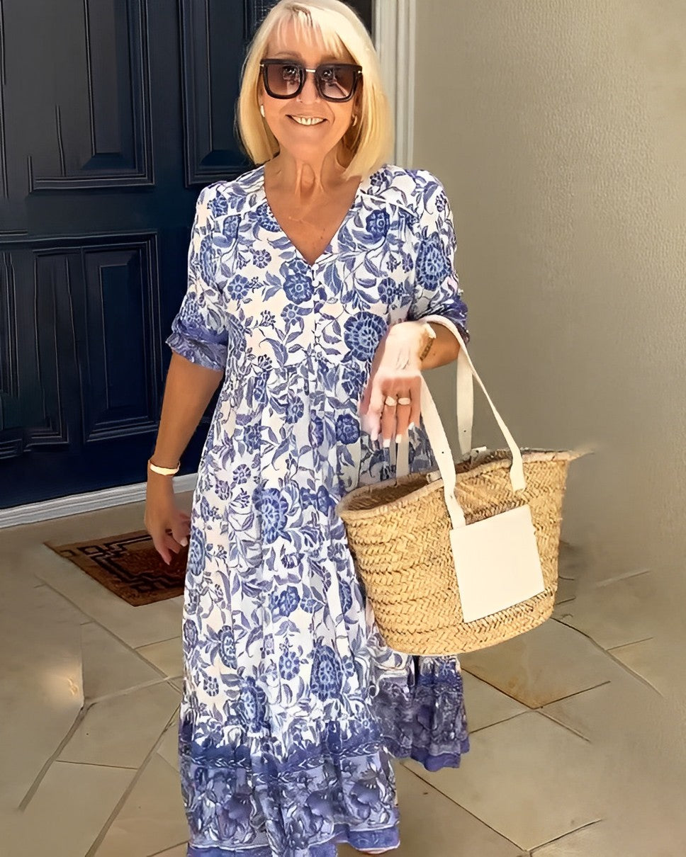 Robe maxi femme avec décolleté en V, patte de boutonnage et motif floral