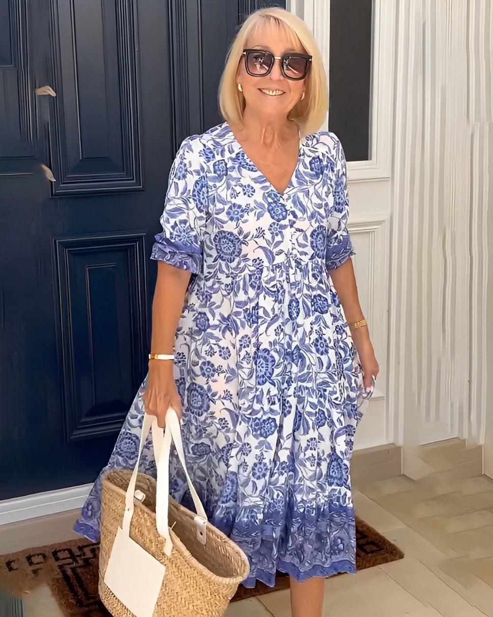 Robe maxi femme avec décolleté en V, patte de boutonnage et motif floral