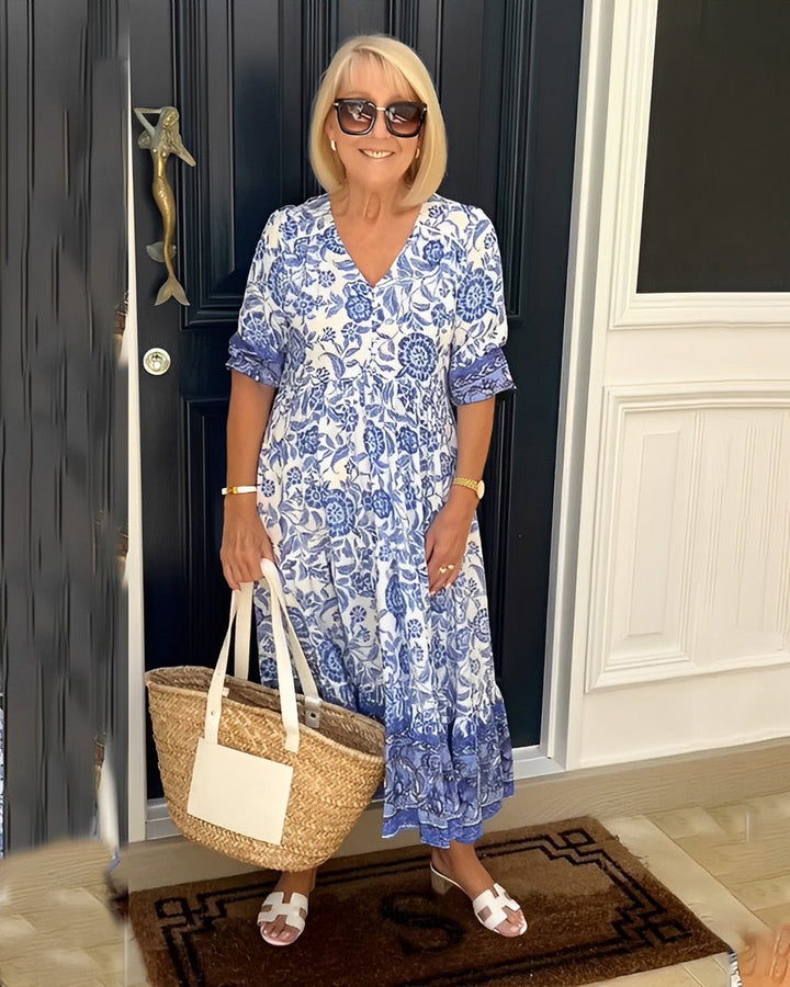 Robe maxi femme avec décolleté en V, patte de boutonnage et motif floral