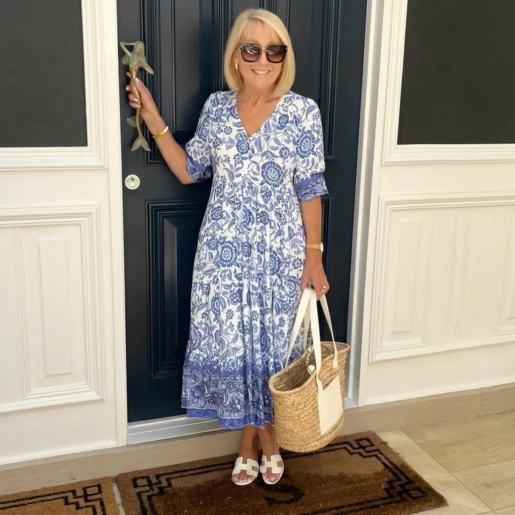 Robe maxi femme avec décolleté en V, patte de boutonnage et motif floral
